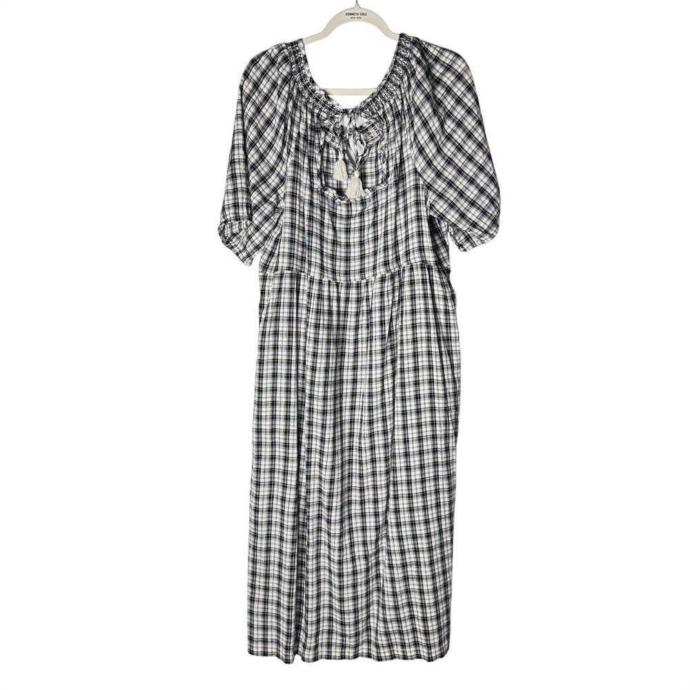NEW Old Navy Midi Dress XL Plaid Black Smocked Cottagecore Pockets Peasant Boho - Picture 1 of 13